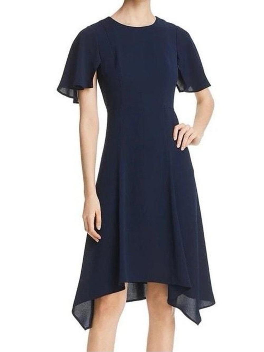 Donna Karan Navy Blue Short Sleeve Asymmetrical Handkerchief A Line Dress Sz 4